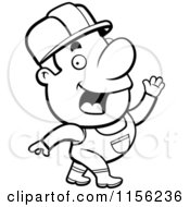 Cartoon Clipart Of A Black And White Construction Worker Waving Vector Outlined Coloring Page
