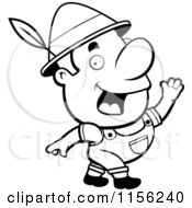 Cartoon Clipart Of A Black And White Waving Oktoberfest Man With A Feather In His Hat Vector Outlined Coloring Page
