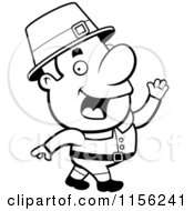 Cartoon Clipart Of A Black And White Walking Pilgrim Man Vector Outlined Coloring Page