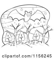 Cartoon Clipart Of A Black And White Bat Flying Over Trees And Hills Vector Outlined Coloring Page
