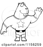 Cartoon Clipart Of A Black And White Waving Super Beaver Vector Outlined Coloring Page