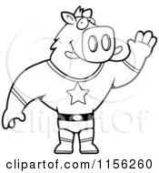 Cartoon Clipart Of A Black And White Boar Super Hero Waving Vector Outlined Coloring Page