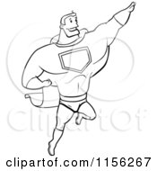 Cartoon Clipart Of A Black And White Strong Super Hero Guy Flying Vector Outlined Coloring Page