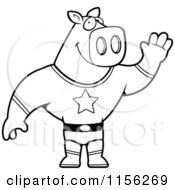 Cartoon Clipart Of A Black And White Super Hero Pig Waving Vector Outlined Coloring Page