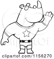 Cartoon Clipart Of A Black And White Super Rhino Waving Vector Outlined Coloring Page