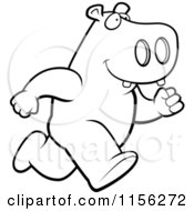 Cartoon Clipart Of A Black And White Hippo Running Upright Vector Outlined Coloring Page