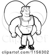 Cartoon Clipart Of A Black And White Strong Man Flexing In Front Of A Pink Heart Vector Outlined Coloring Page