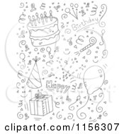 Cartoon Clipart Of A Black And White Birthday Collage Of Doodles Vector Outlined Coloring Page