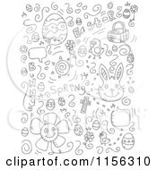Cartoon Clipart Of A Black And White Holiday Doodle Background Of Easter Items On White Vector Outlined Coloring Page