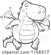 Cartoon Clipart Of A Black And White Friendly Flying Dragon Vector Outlined Coloring Page