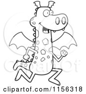 Cartoon Clipart Of A Black And White Spotted Dragon Running Vector Outlined Coloring Page
