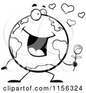 Cartoon Clipart Of A Black And White Romantic Globe Holding A Single Rose Vector Outlined Coloring Page