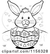 Cartoon Clipart Of A Black And White Easter Bunny With Hearts In An Egg Shell Vector Outlined Coloring Page