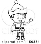 Cartoon Clipart Of A Black And White Christmas Elf Waving Vector Outlined Coloring Page