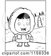Cartoon Clipart Of A Black And White Happy Eskimo Girl In The Snow Vector Outlined Coloring Page