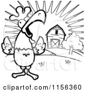 Cartoon Clipart Of A Black And White Happy Rooster Crowing Loudly By A Farm At Sunrise Vector Outlined Coloring Page