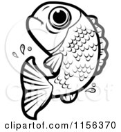 Cartoon Clipart Of A Black And White Leaping Fish Vector Outlined Coloring Page