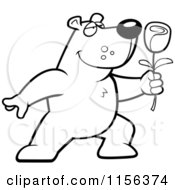 Cartoon Clipart Of A Black And White Romantic Bear Presenting A Single Rose Vector Outlined Coloring Page