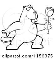 Cartoon Clipart Of A Black And White Romantic Beaver Presenting A Rose Vector Outlined Coloring Page