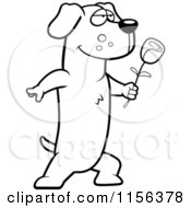 Cartoon Clipart Of A Black And White Romantic Dachshund Presenting A Single Rose Vector Outlined Coloring Page