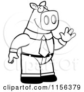 Cartoon Clipart Of A Black And White Romantic Triceratops Presenting A Single Rose Vector Outlined Coloring PageBlack And White Business Pig Standing And Waving