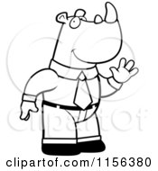 Cartoon Clipart Of A Black And White Business Rhino Standing And Waving Vector Outlined Coloring Page