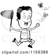 Cartoon Clipart Of A Black And White Black Boy Chasing Two Butterflies With A Net Vector Outlined Coloring Page