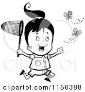 Poster, Art Print Of Black And White Happy Girl Running And Chasing Butterflies With A Net