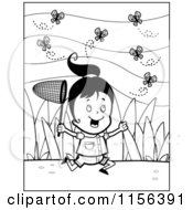 Poster, Art Print Of Black And White Energetic Little Girl Character Running And Catching Butterflies Outdoors