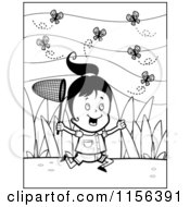 Cartoon Clipart Of A Black And White Energetic Little Girl Character Running And Catching Butterflies Outdoors Vector Outlined Coloring Page