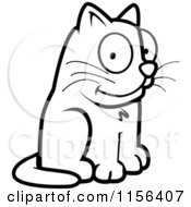 Cartoon Clipart Of A Black And White Happy Sitting Cat Vector Outlined Coloring Page