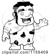 Cartoon Clipart Of A Black And White Stalky Caveman Character Waving Vector Outlined Coloring Page