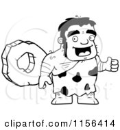 Black And White Stalky Caveman Character Standing By A Rock Wheel