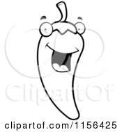 Cartoon Clipart Of A Black And White Happy Chili Pepper Vector Outlined Coloring Page