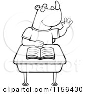 Cartoon Clipart Of A Black And White Smart Rhino Student Raising His Hand Vector Outlined Coloring Page
