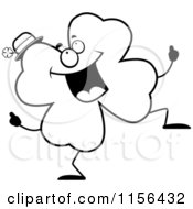 Cartoon Clipart Of A Black And White Shamrock Clover Character Doing A Happy Dance Vector Outlined Coloring Page