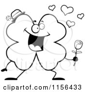 Cartoon Clipart Of A Black And White Shamrock Clover Character Holding Out A Rose Vector Outlined Coloring Page