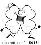 Cartoon Clipart Of A Black And White Shamrock Clover Character Running Vector Outlined Coloring Page