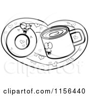 Cartoon Clipart Of A Black And White Coffee Cup And Donut In Love On A Heart Vector Outlined Coloring Page