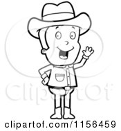 Cartoon Clipart Of A Black And White Friendly Cowboy Waving Vector Outlined Coloring Page