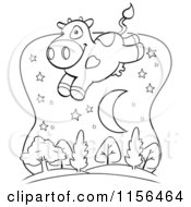 Cartoon Clipart Of A Black And White Cow Leaping Over A Crescent Moon And Trees Vector Outlined Coloring Page