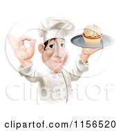 Poster, Art Print Of Happy Chubby Chef Gesturing Okay And Holding A Cupcake On A Tray