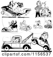 Black And White Retro Car Wrecks And Towing