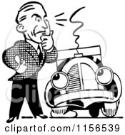 Poster, Art Print Of Black And White Retro Man And Car With A Flat Tire