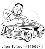 Clipart Of A Black And White Retro Mechanic Man Giving A Car A Check Up Royalty Free Vector Clipart by BestVector