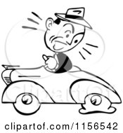 Clipart Of A Black And White Retro Man Driving A Car With A Flat Tire Royalty Free Vector Clipart