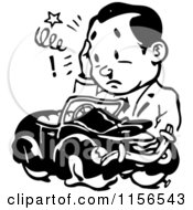 Clipart Of A Black And White Retro Man With A Totaled A Car Royalty Free Vector Clipart by BestVector