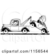 Black And White Retro Tow Truck Driver And Man In A Car