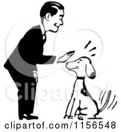 Clipart Of A Black And White Retro Man Petting A Sitting Dog Royalty Free Vector Clipart