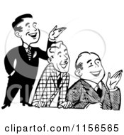 Clipart Of A Black And White Retro Group Of Happy Men Presenting Royalty Free Vector Clipart